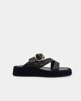Black platform sandal in suede leather with buckle straps
