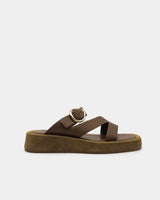 Brown sandal with a gold buckle and straps