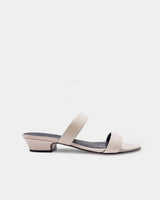 Side view of nude leather heeled strappy sandals