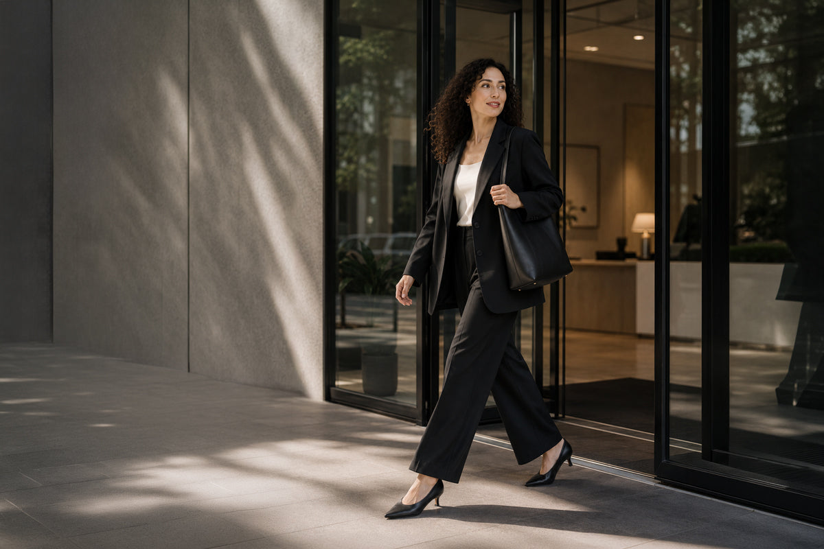 Woman wearing work heels walking through a modern office