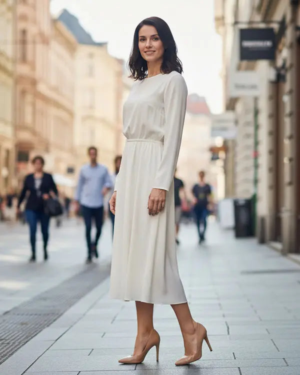 comfortable high heels in nude colour pair with white dress