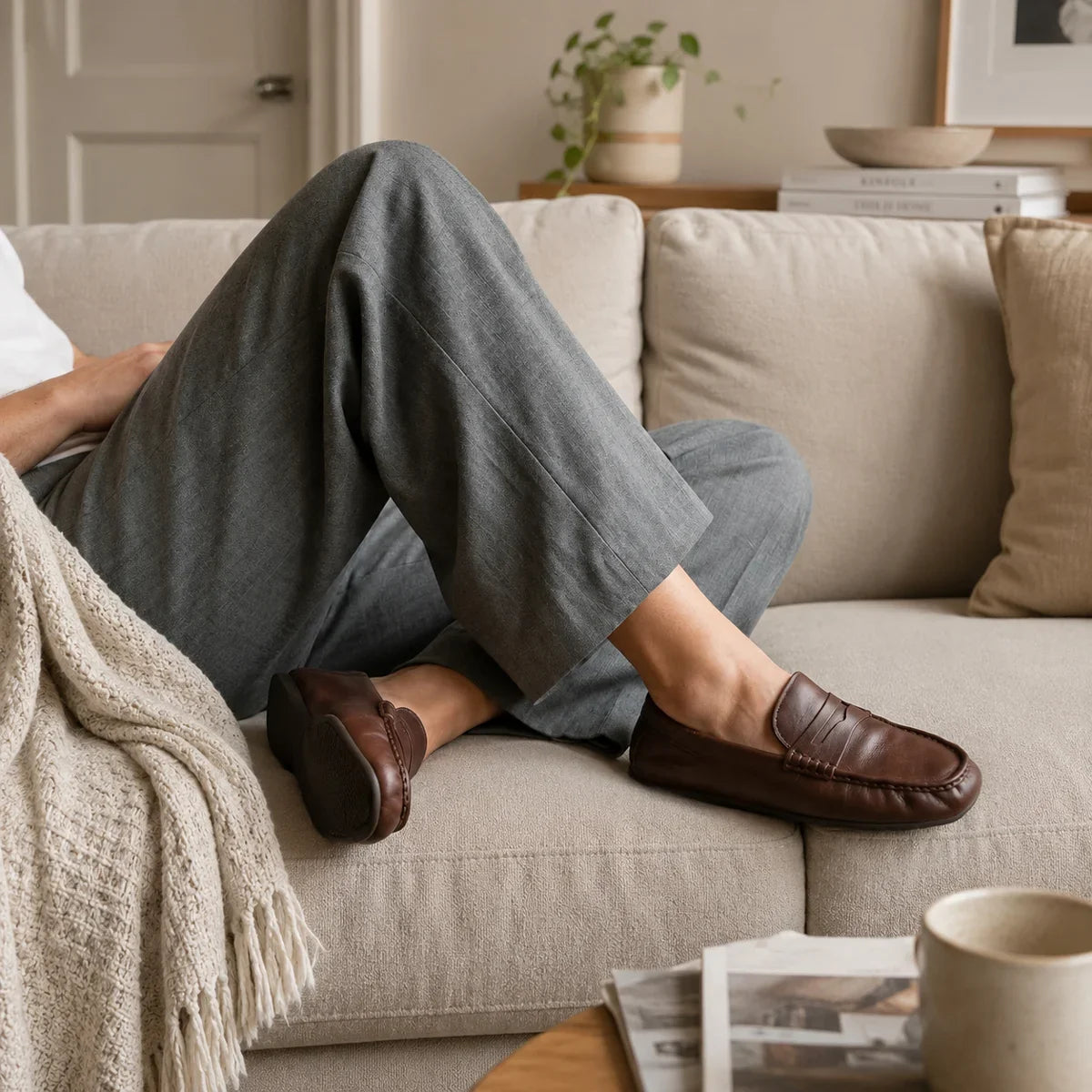 a woman is sitting in a couch and in grey pants and brown loafers