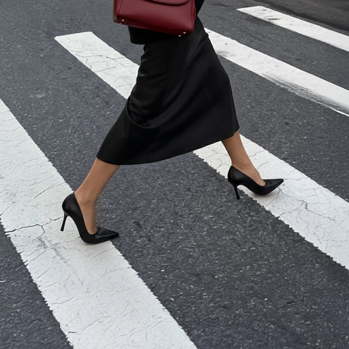a woman is crossing stress with black work outfits black heels