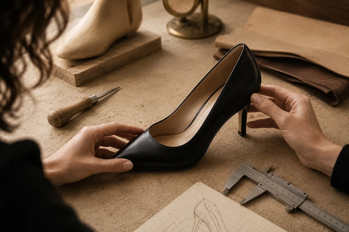 A black leather high-heeled pump shoe held by hands over a workbench with leather working tools