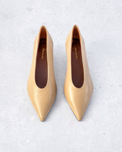 Women's beige leather kitten heels cushioned footbed
