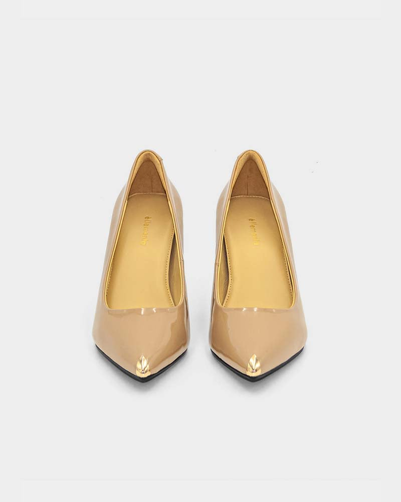 Patent beige leather pumps with gold toe tips-perfect stylish dress shoes for formal occasion
