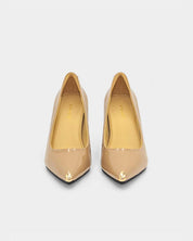 Patent beige leather pumps with gold toe tips-perfect stylish dress shoes for formal occasion