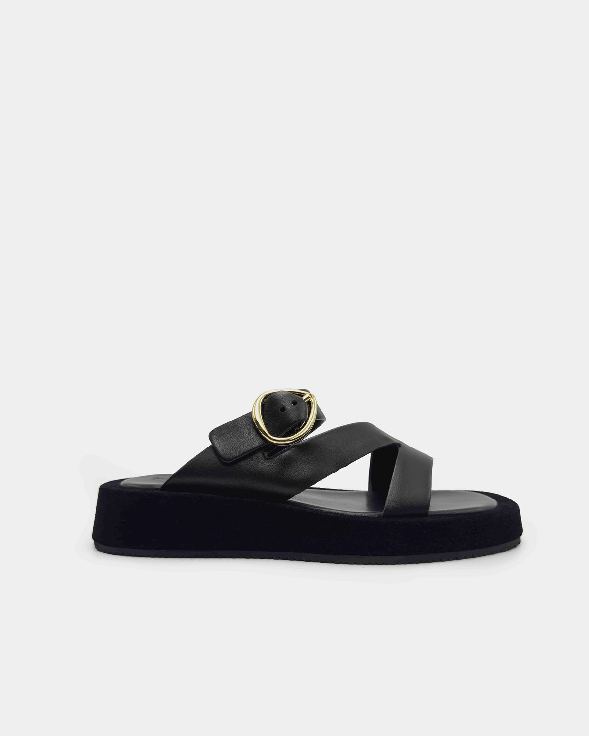 Black platform sandal in suede leather with buckle straps
