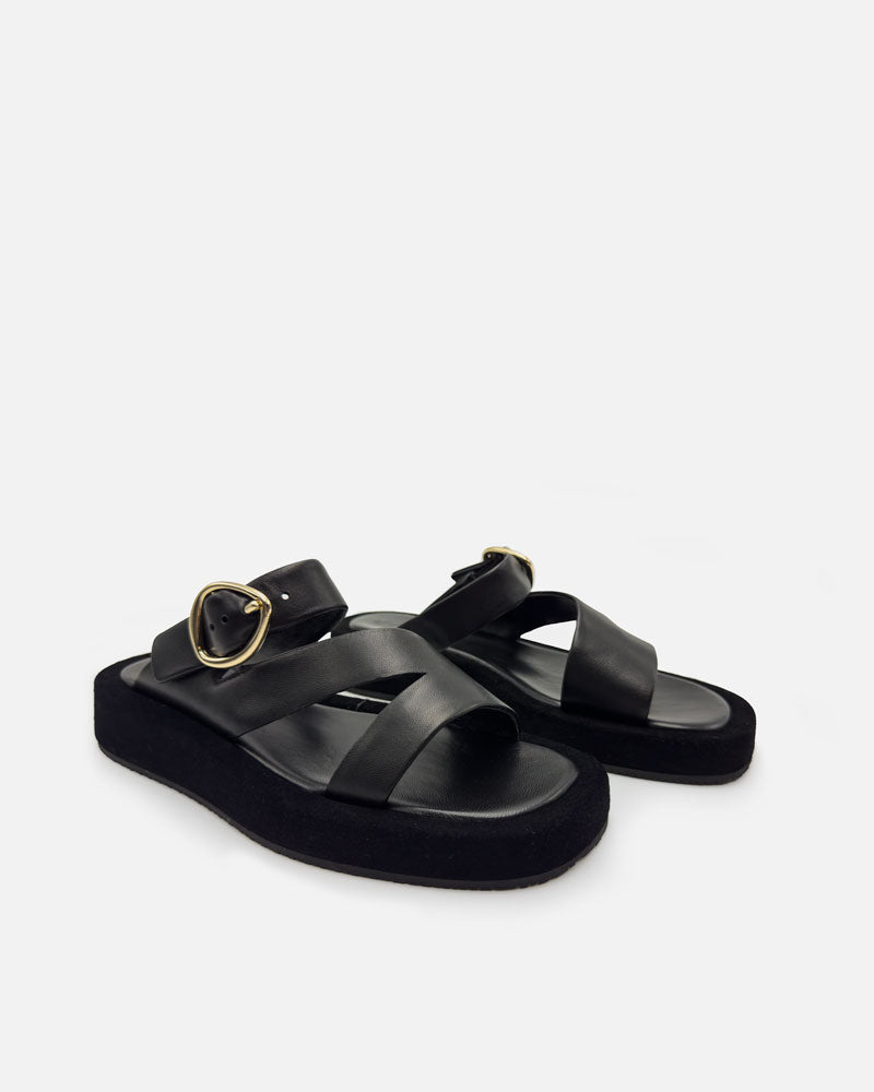 Pair of black platform sandals with adjustable straps