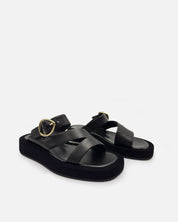 Pair of black platform sandals with adjustable straps