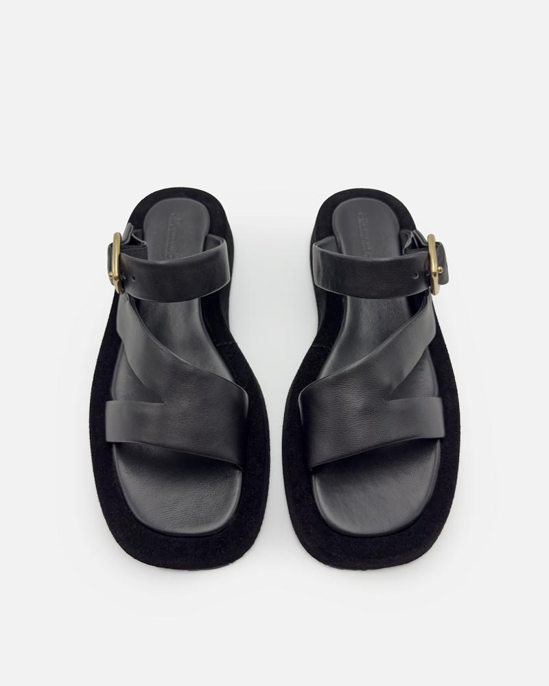 Pair of black sandals with arch support footbed and comfort straps