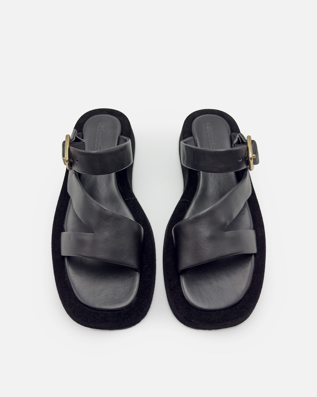 Pair of black sandals with arch support footbed and comfort straps