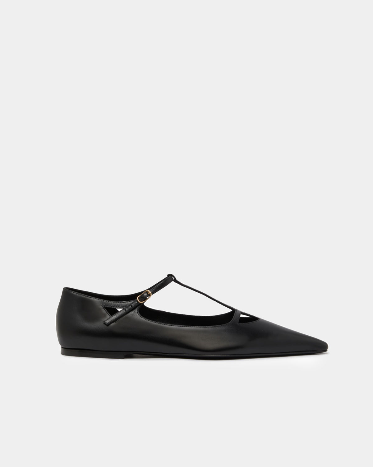side view of black flats with t strap in leather