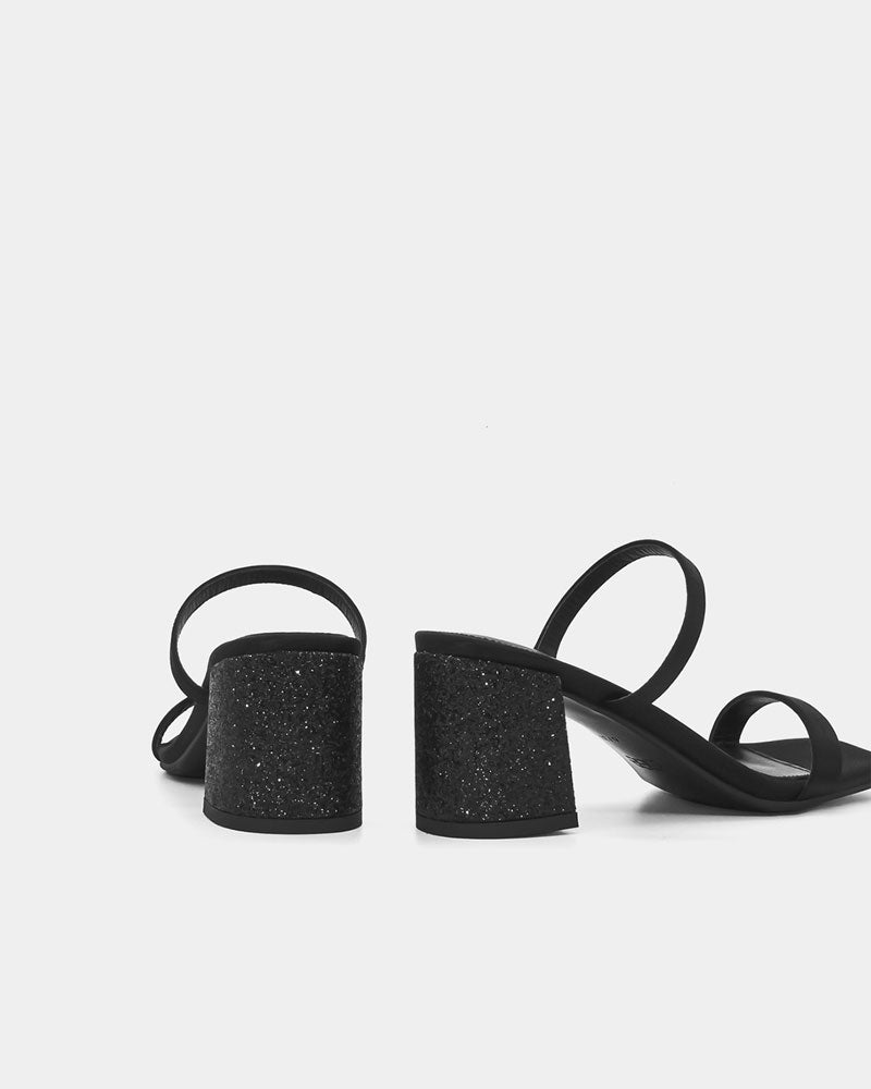 Black glittery block heel slide sandals 