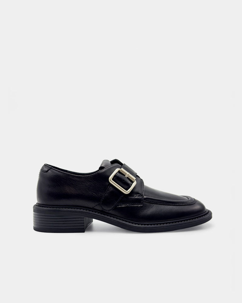 black loafer with buckle strap for women in leather
