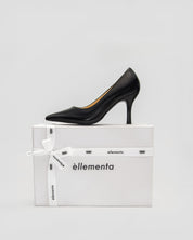 Cushioned heeled pumps in black leather for women with signature packaging Australia