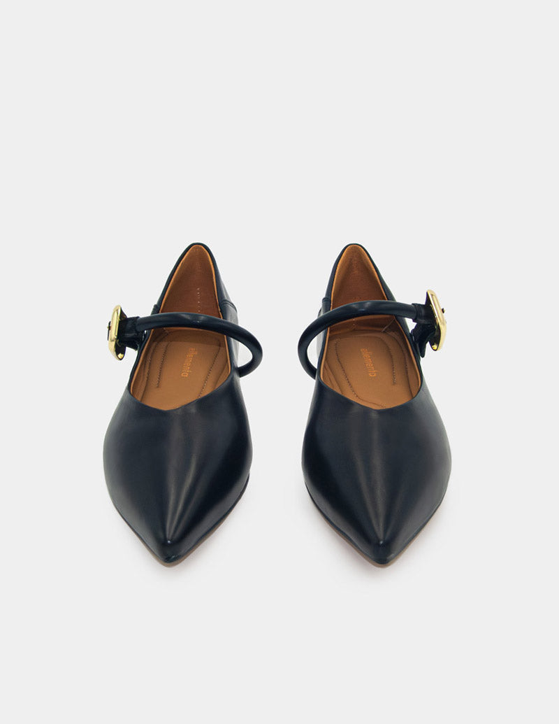 Pair of black pointed-toe Mary Jane Flats with gold buckles and strap