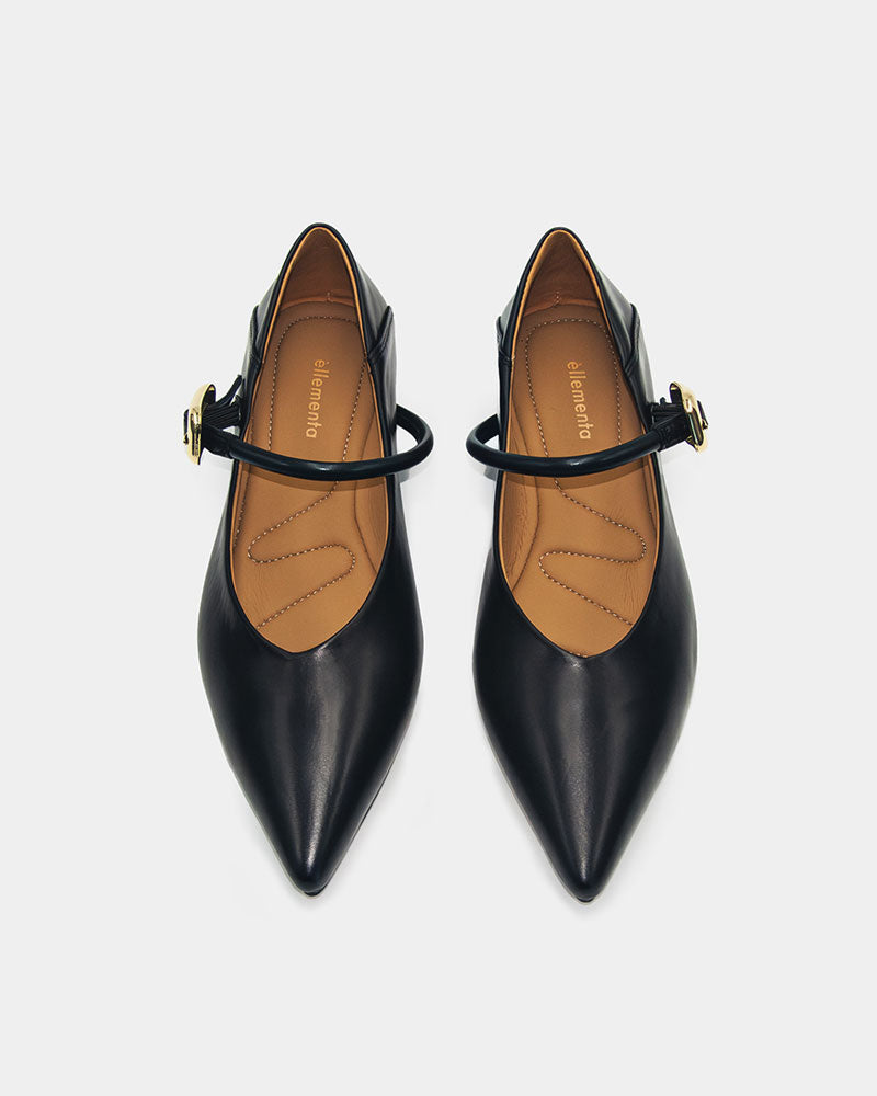 black Mary Jane flats calfskin leather secure buckle strap and cushioned footbed