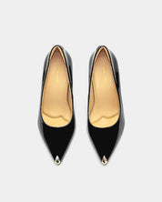 Top view of black heels with cushioned leather insole