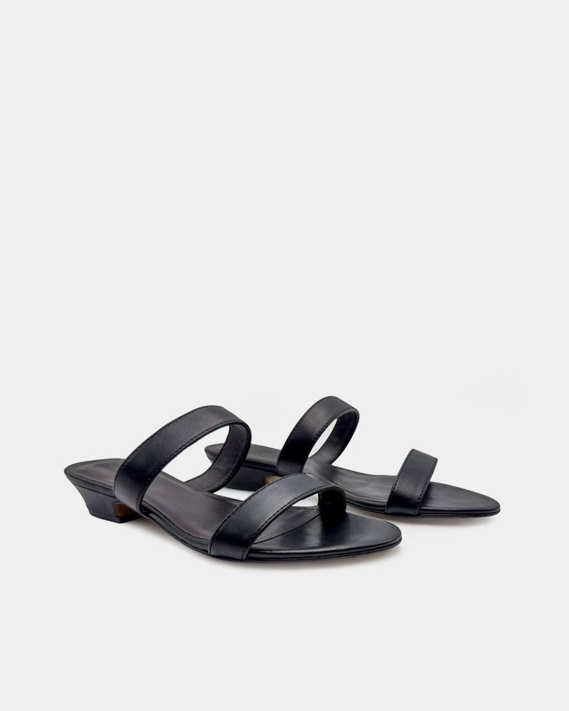 A pair of black leather strappy sandals