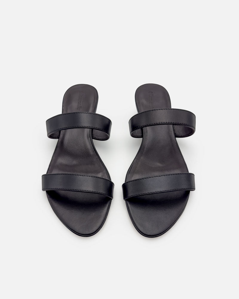 Top view of black strappy sandals 