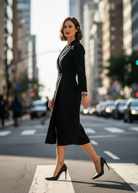 Woman in black high heels and black dress crossing in a city street