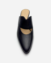Top view of a black mule shoe in leather
