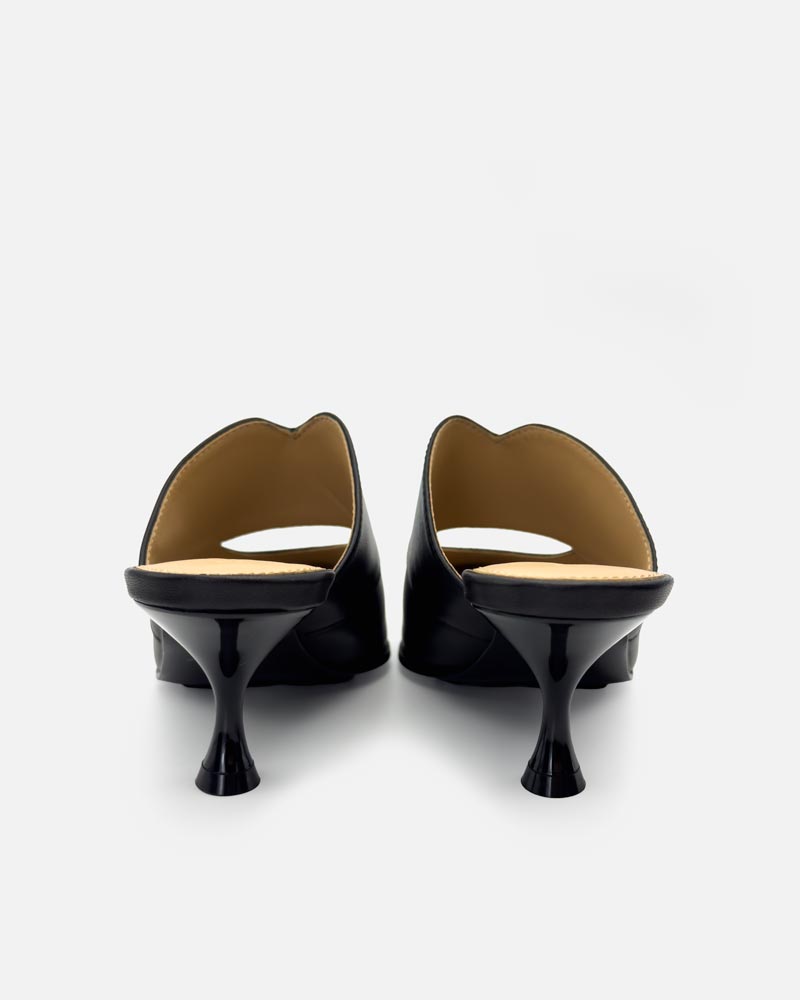Back view showing kitten heels of black mules