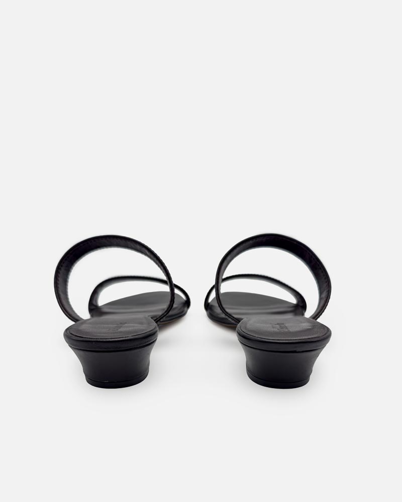 Black low heel strappy sandals in leather