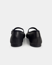 A pair of black leather Mary Jane ballet flats shown from the back against a light gray background.