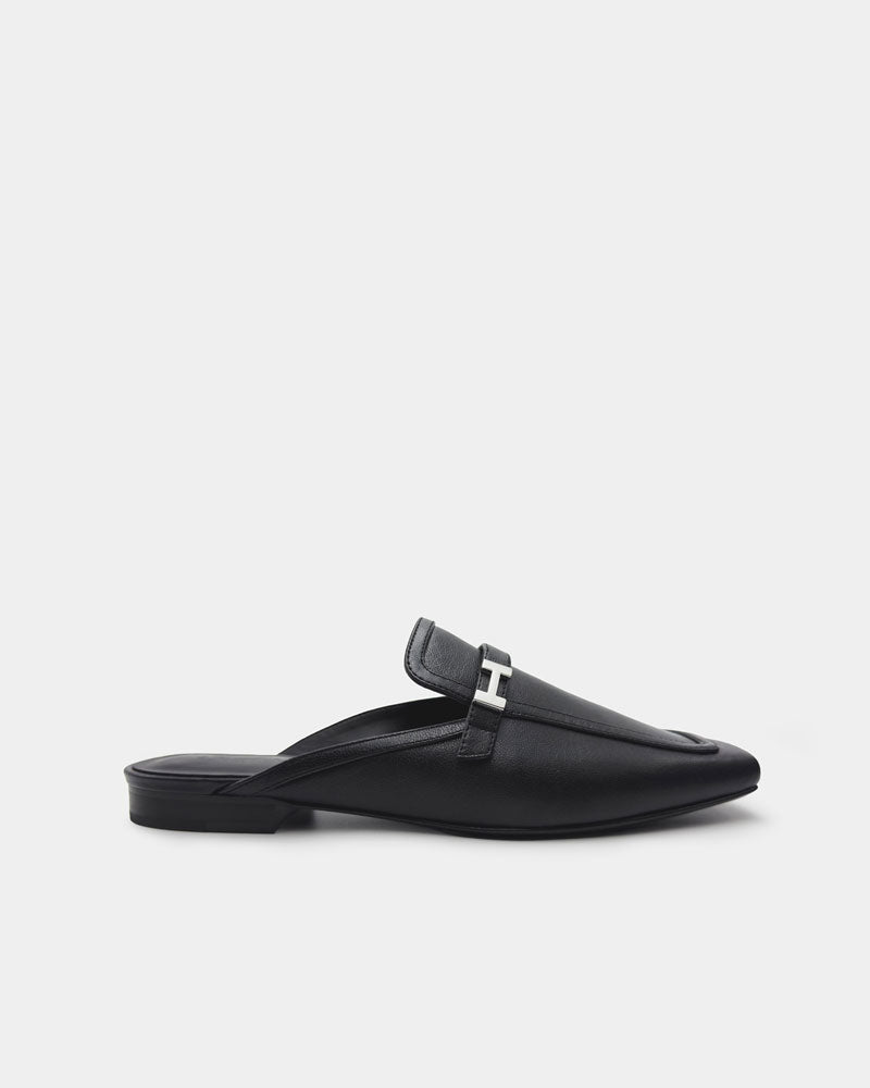 Black Leather Flat Mule Shoes