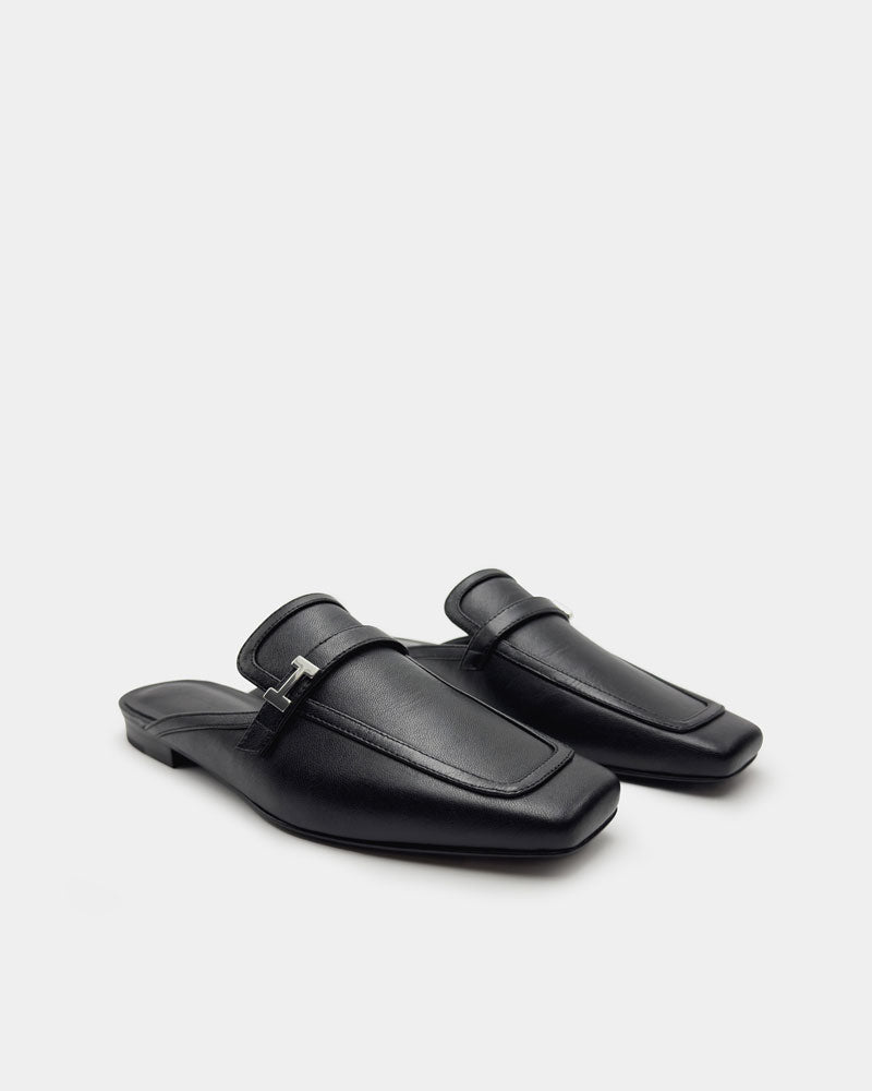 Black Leather Flat Mule Shoes