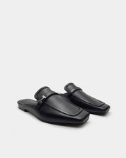 Black Leather Flat Mule Shoes