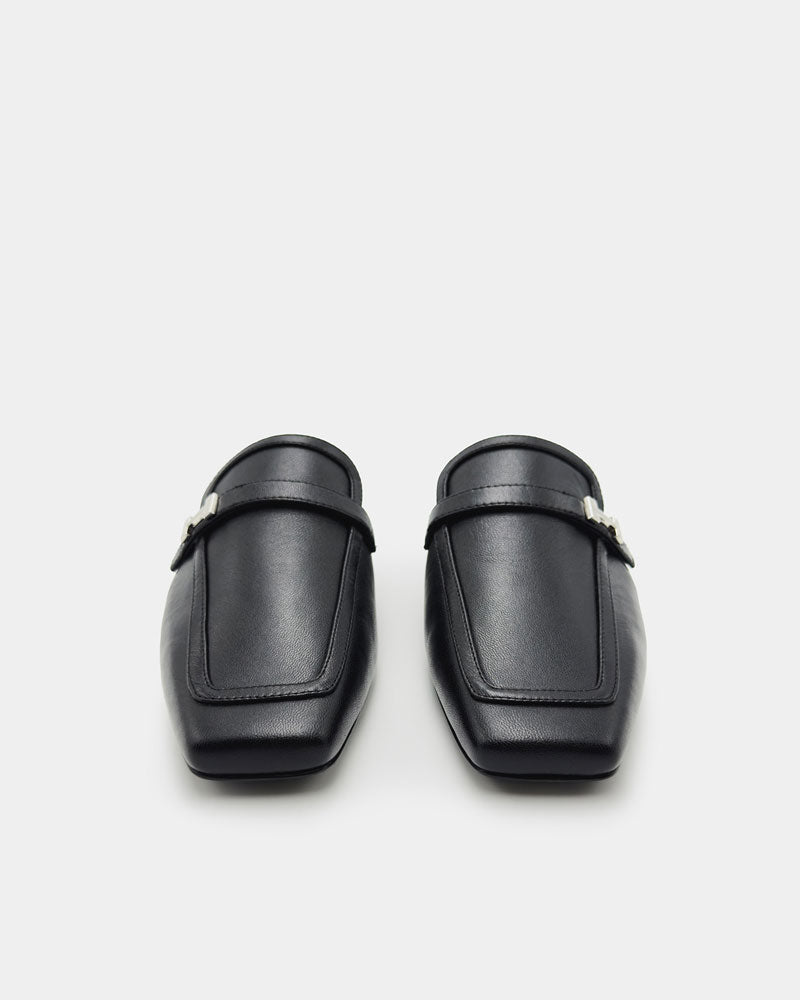 Black Leather Flat Mule Shoes