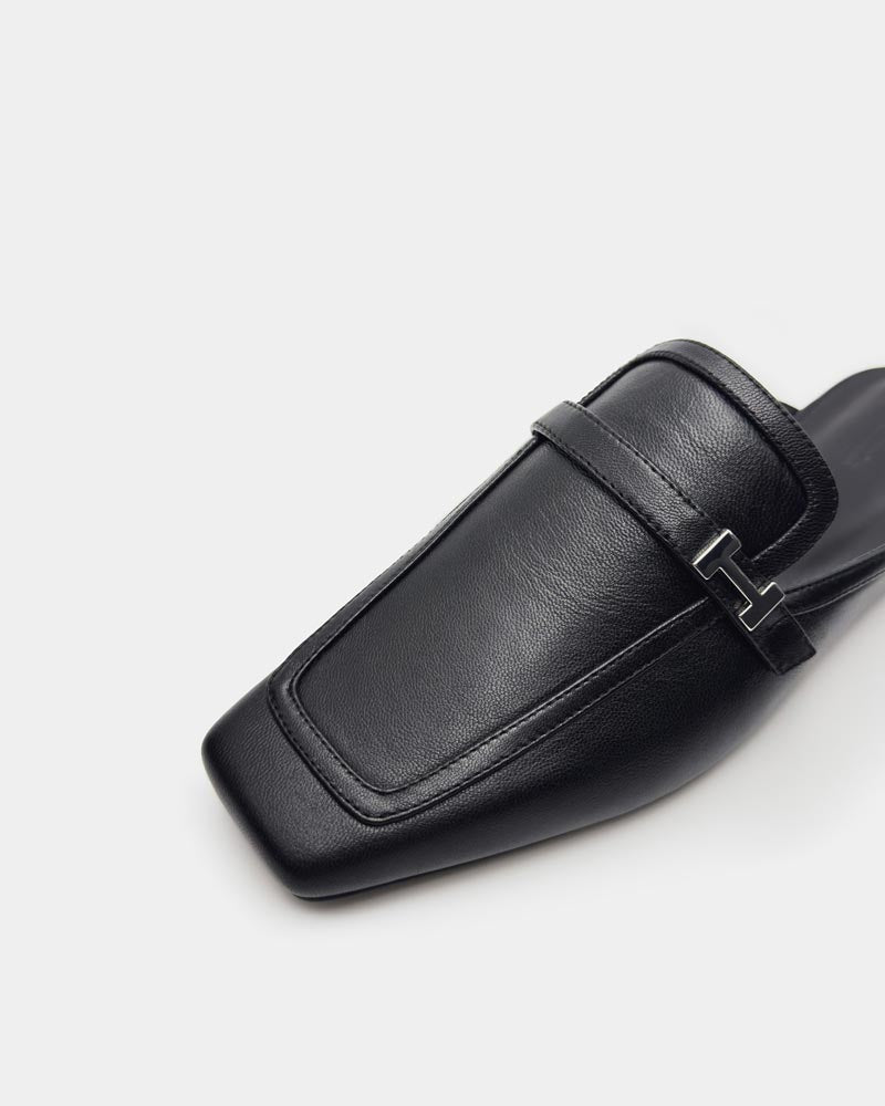 Black Leather Flat Mule Shoes