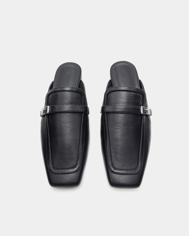 Black Leather Flat Mule Shoes