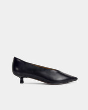 A single black leather pointed-toe kitten heel pump shown in a side profile against a light gray background.