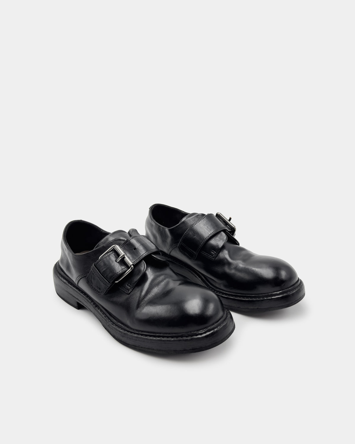 Black leather monk loafers women with adjustable buckle strap