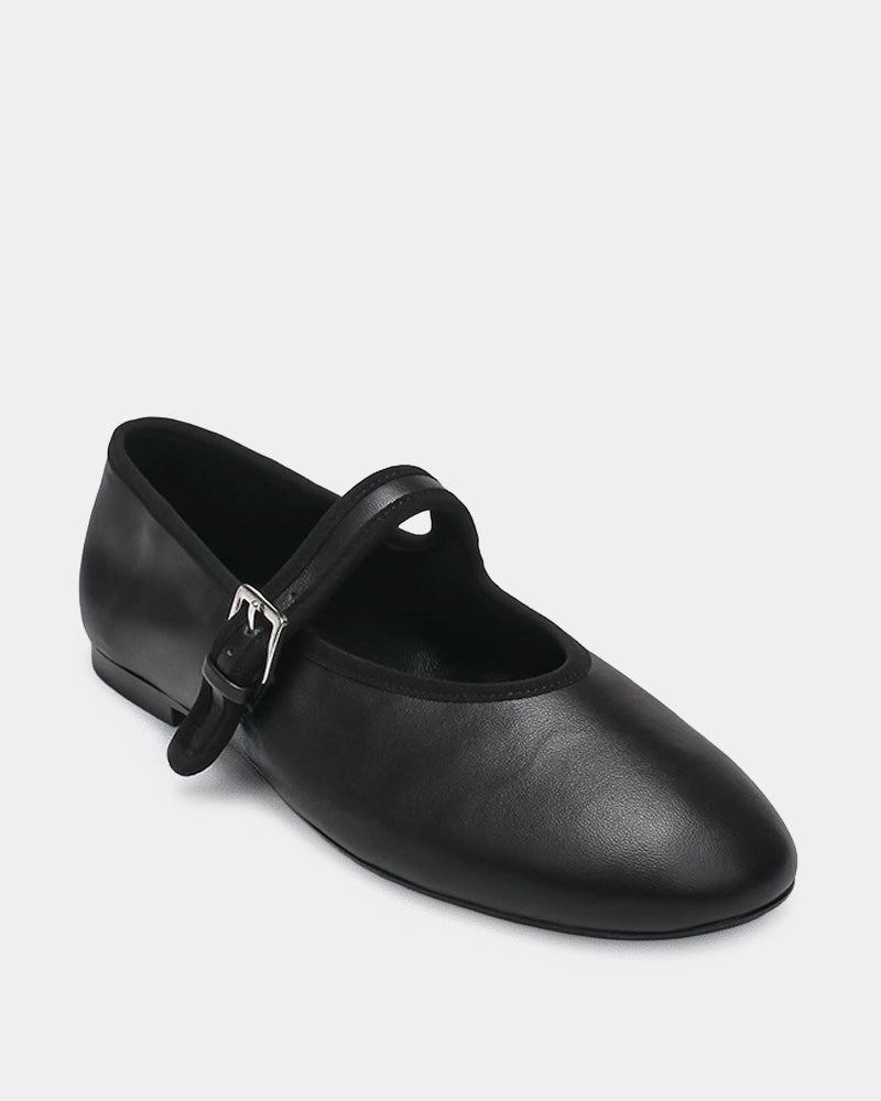 close-up soft nappa leather upper—black ballet flat detail