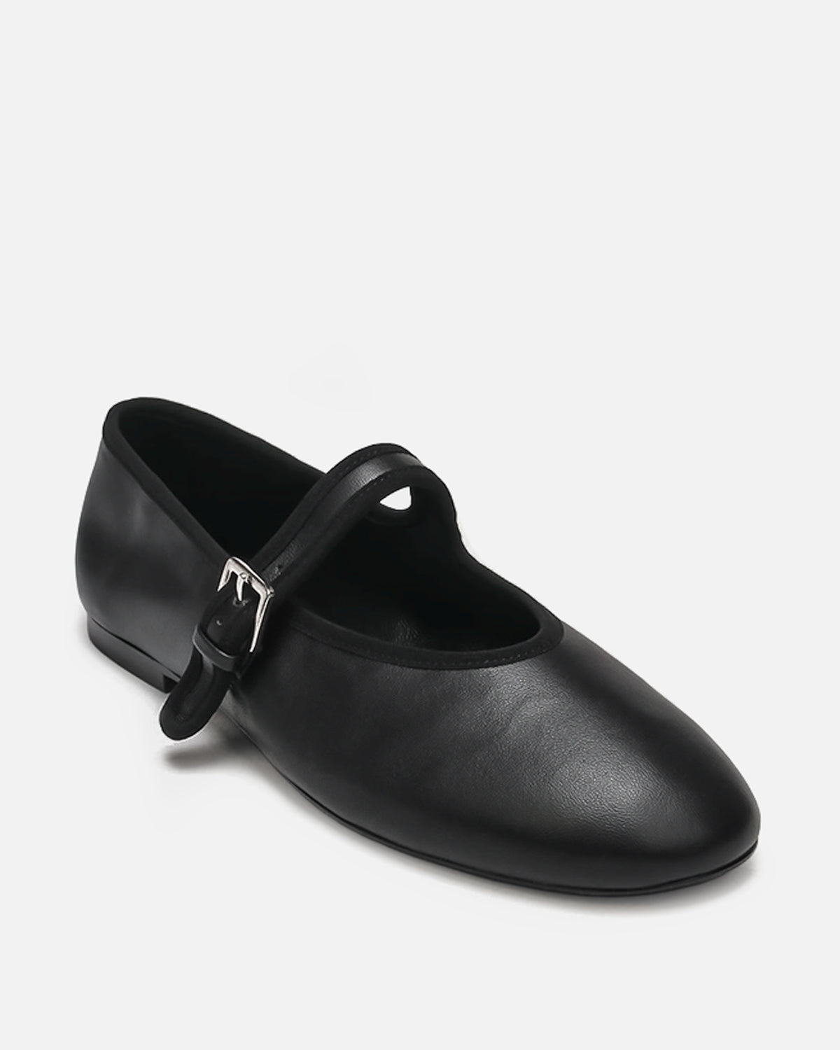 close-up soft nappa leather upper—black ballet flat detail