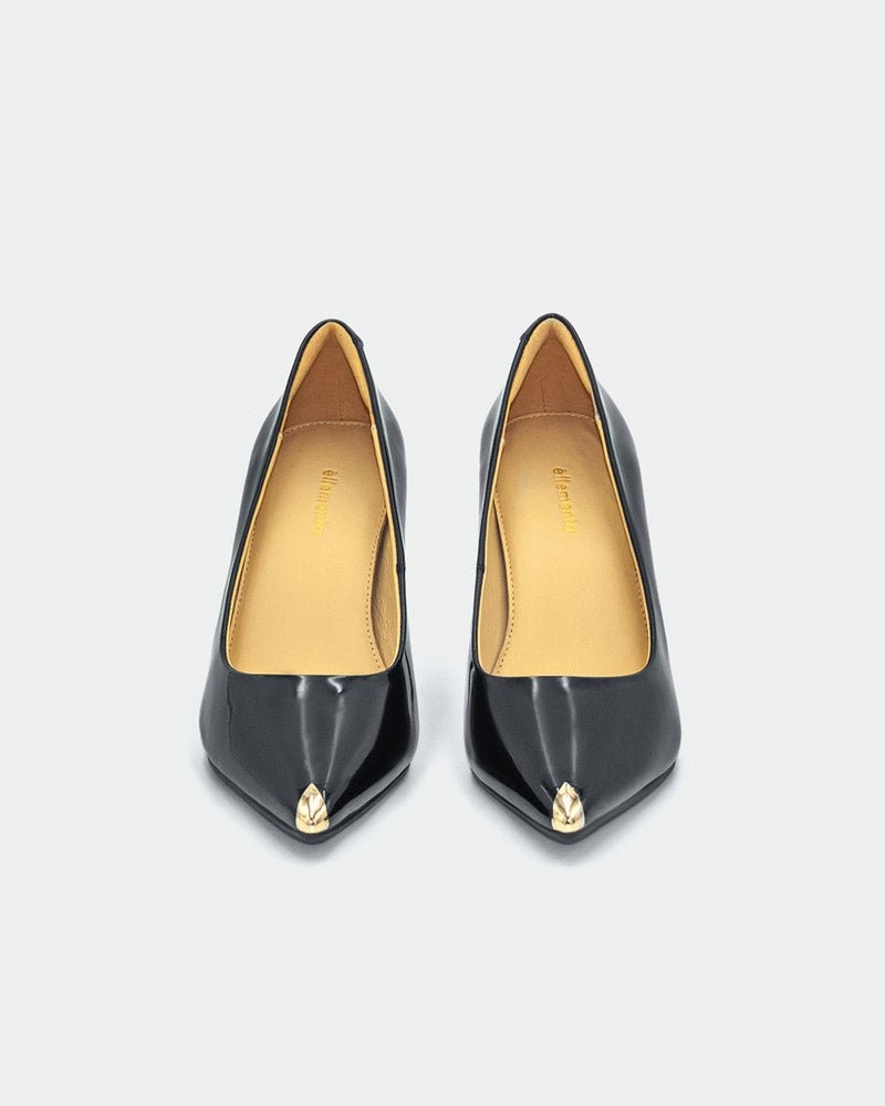 Black patent comfort heels with gold toe-tip for event and evening wear