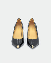 Black patent comfort heels with gold toe-tip for event and evening wear