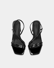 Block heel black strappy sandals with adjustable straps in leather