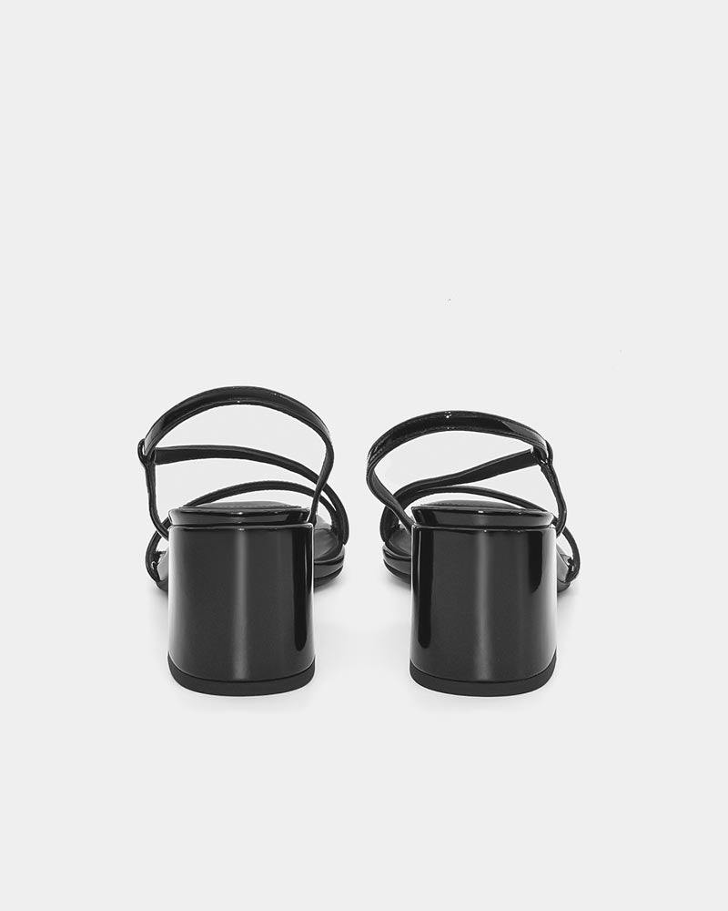 Patent black strappy sandals with stable and balanced block heel for standing all-day