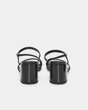 Patent black strappy sandals with stable and balanced block heel for standing all-day