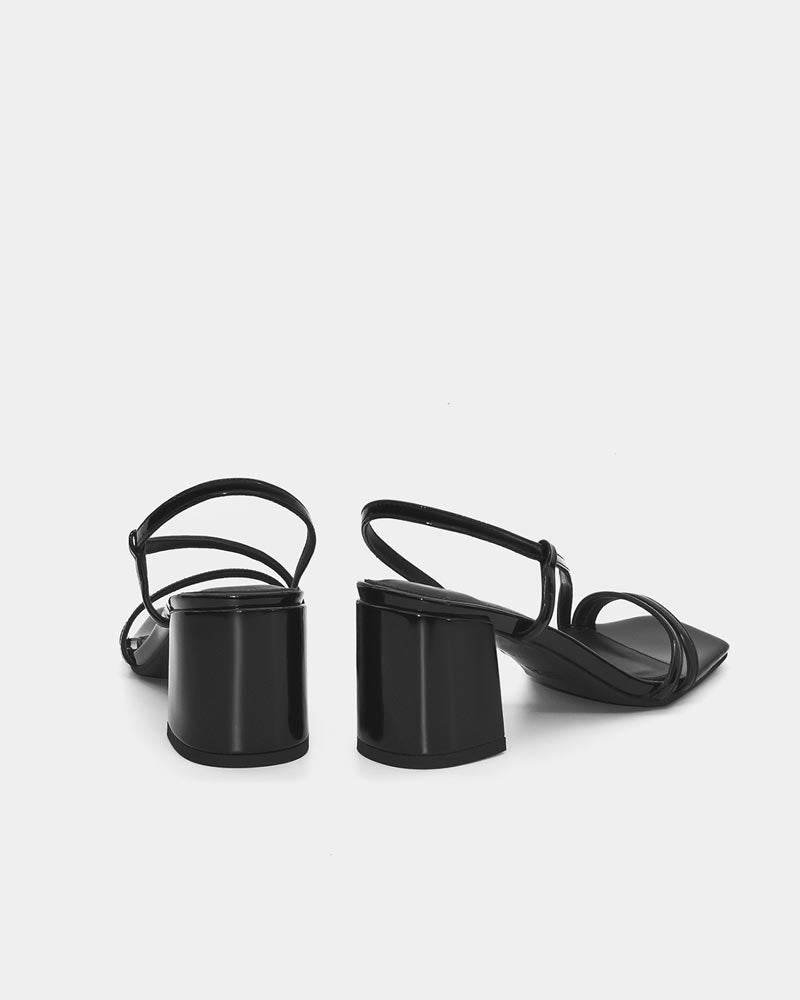 women's black strappy sandals with balanced block heel. 
