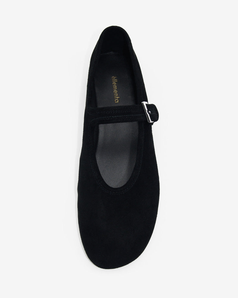 top view black suede leather ballet flats—V-cut vamp detail