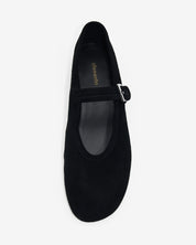 top view black suede leather ballet flats—V-cut vamp detail