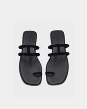 women's black sandals in slip on style and secure toe ring 