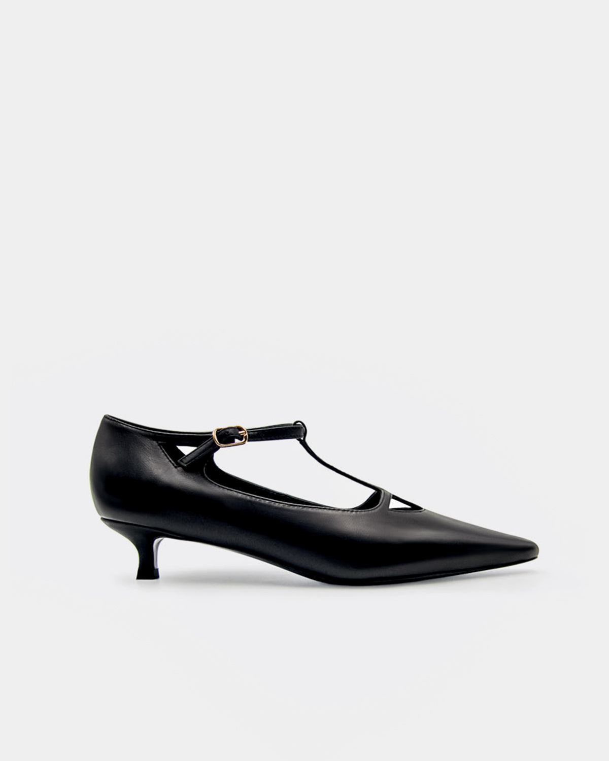 Black leather kitten heels with t strap design stylish dress shoes for women